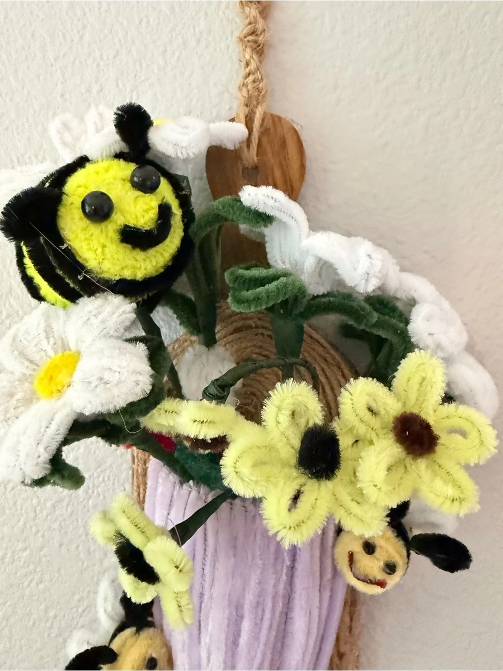 Whimsical Purple Flower Pot Wall Art with Yellow Bee Accents